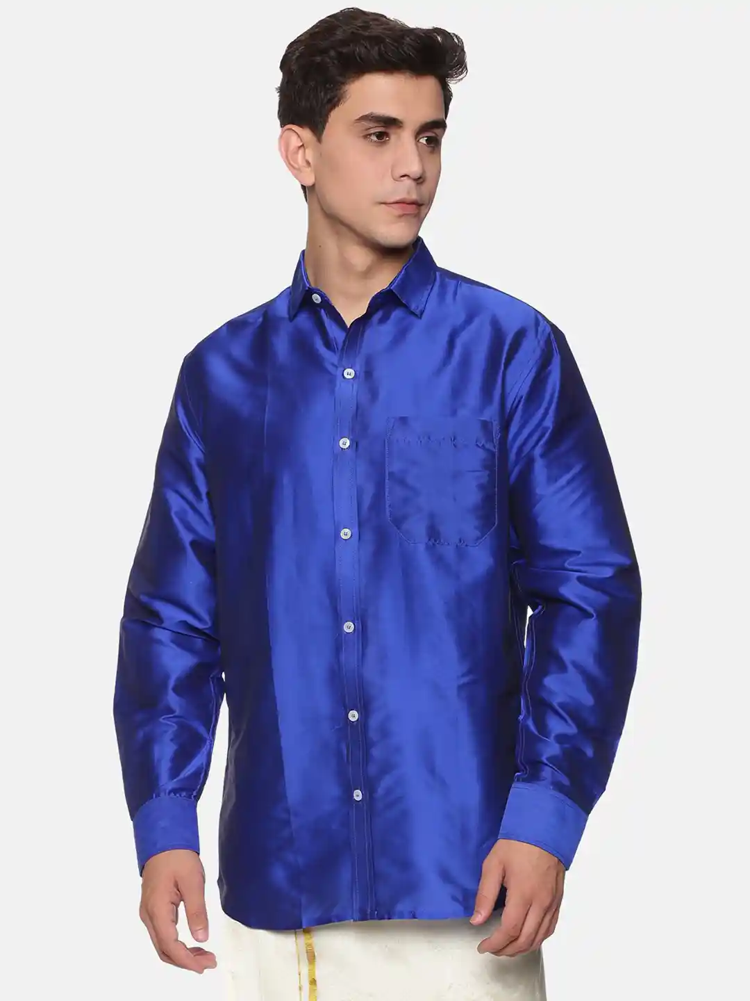 Sethukrishna Men Navy Blue Standard Silk Casual Shirt