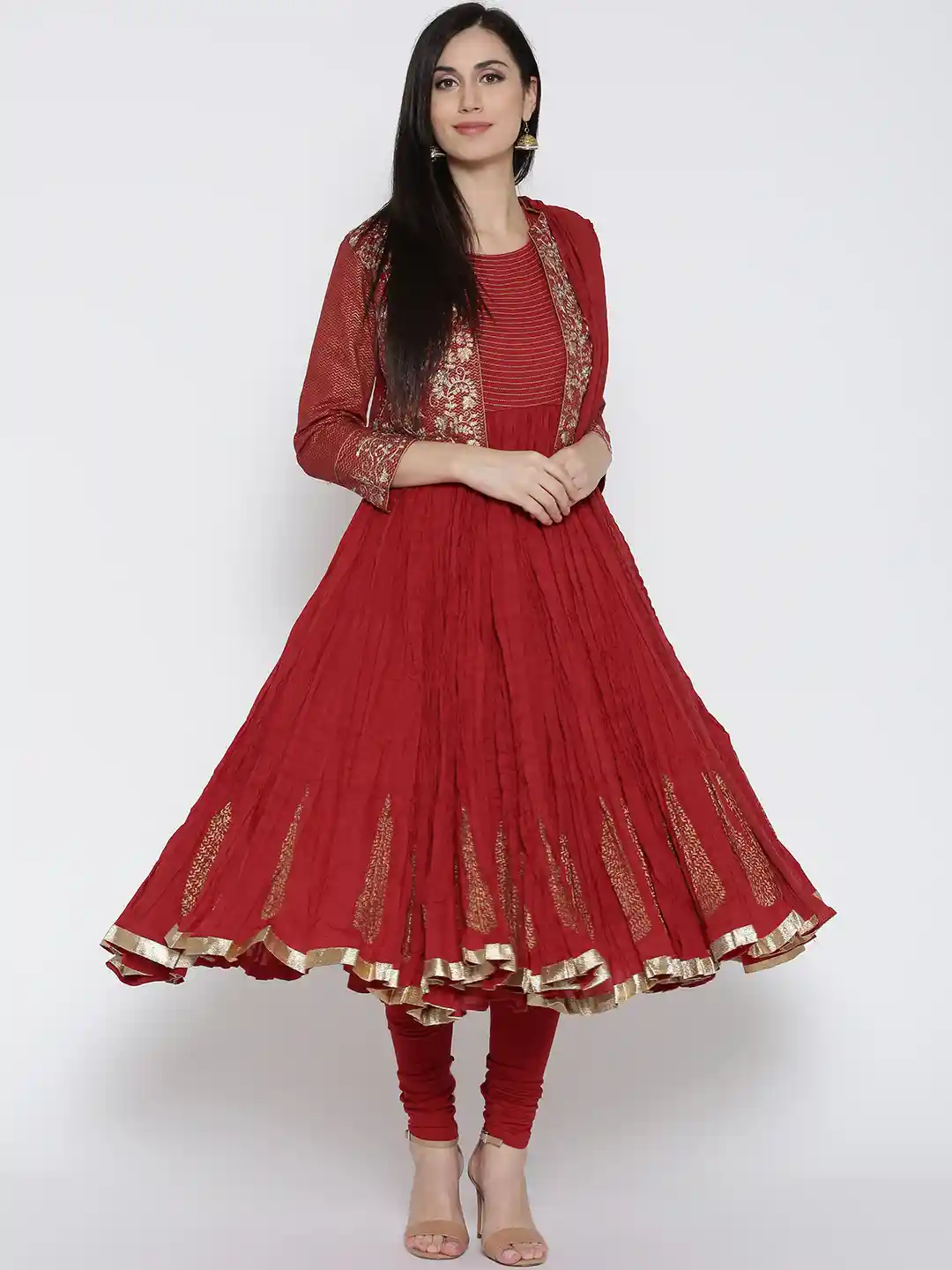 Buy Biba Women Red Printed Detail Crinkled Anarkali Kurta with
