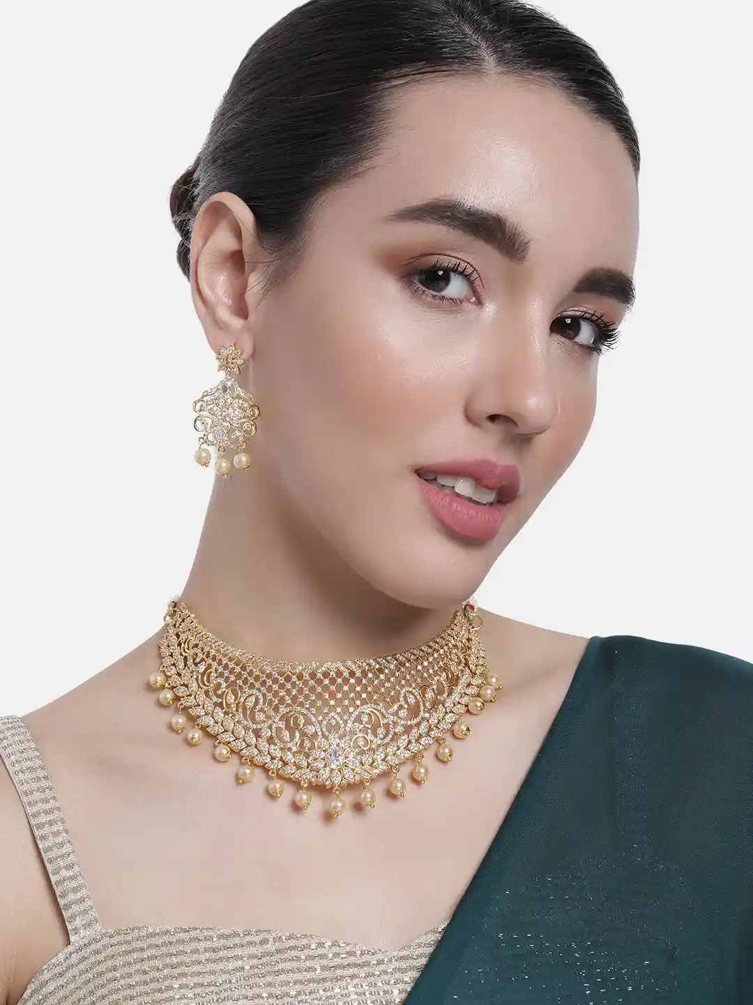 Buy Estele Gold Plated CZ Fascinating Bridal Choker Necklace Set