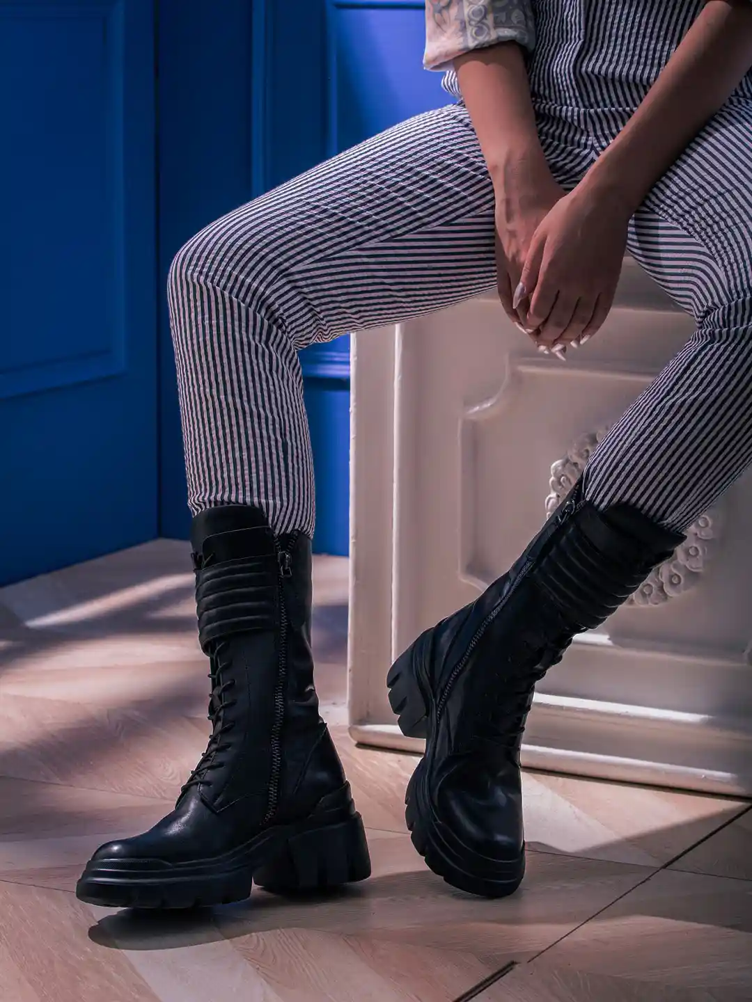 Saint G Black Leather Lace-Up Detail High-Top Regular Boots