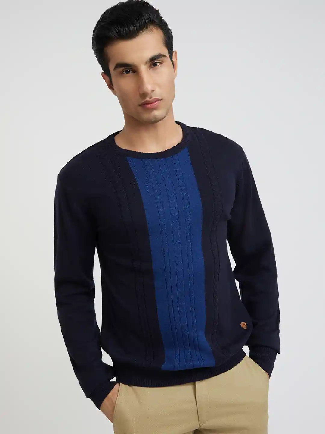 Crew Neck Raymond Woolen Sweater Raymond Men Blue Cable
