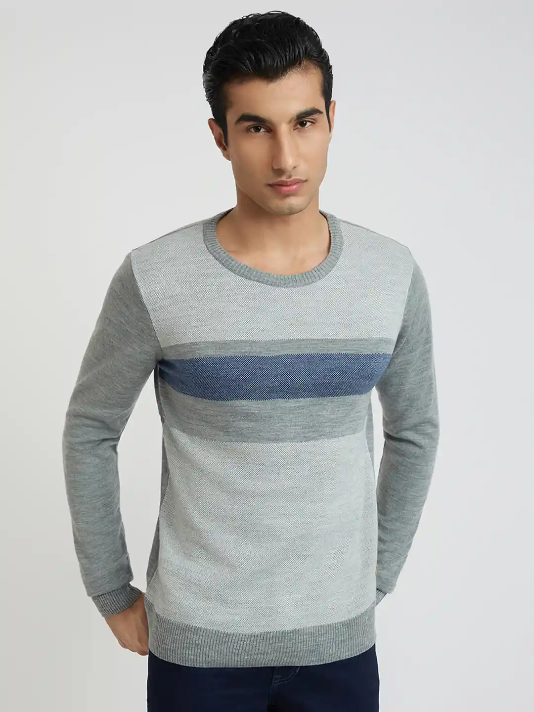 Raymond Men Grey Melange Blue Striped Woolen Pullover