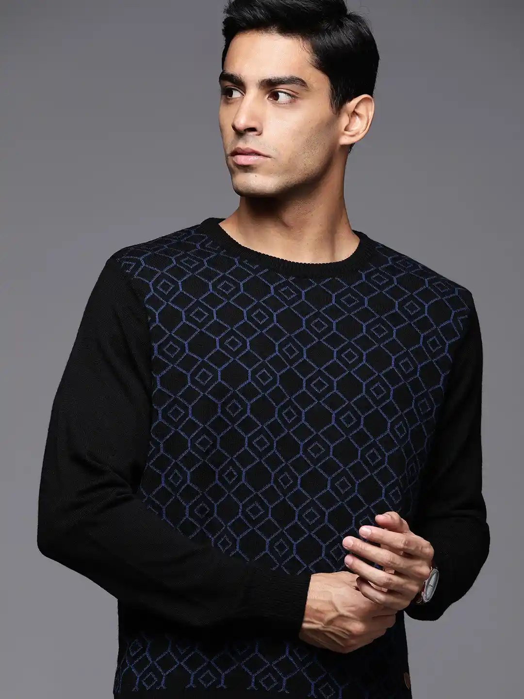Buy Raymond Men Black Blue Geometric Woolen Pullover Sweaters