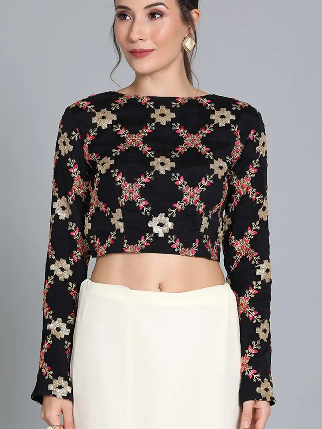 Buy Ethnovog Black Embroidered Ready To Wear Saree Belt Blouse