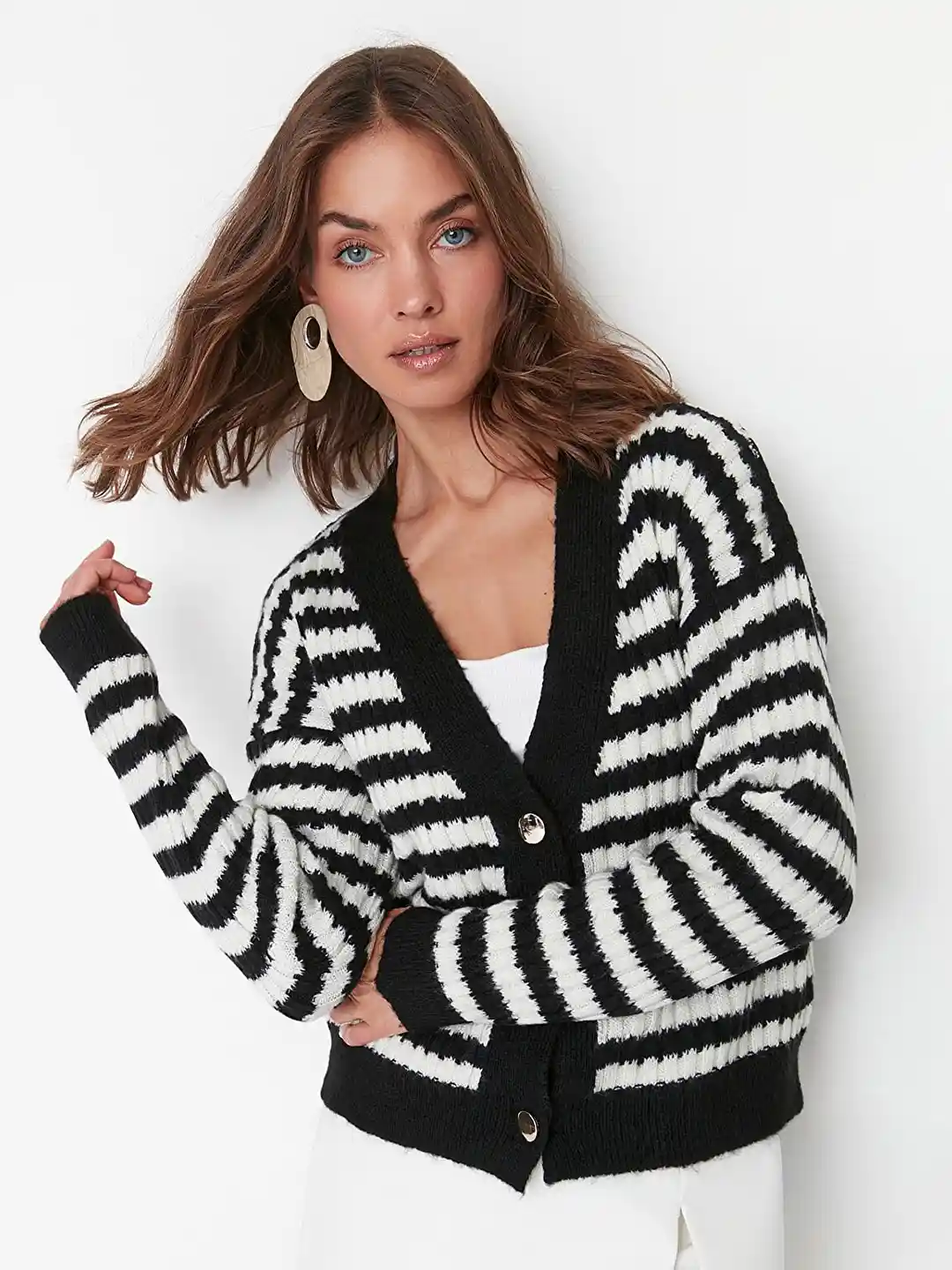 Buy Trendyol Women Black & White Striped Cardigan Sweater