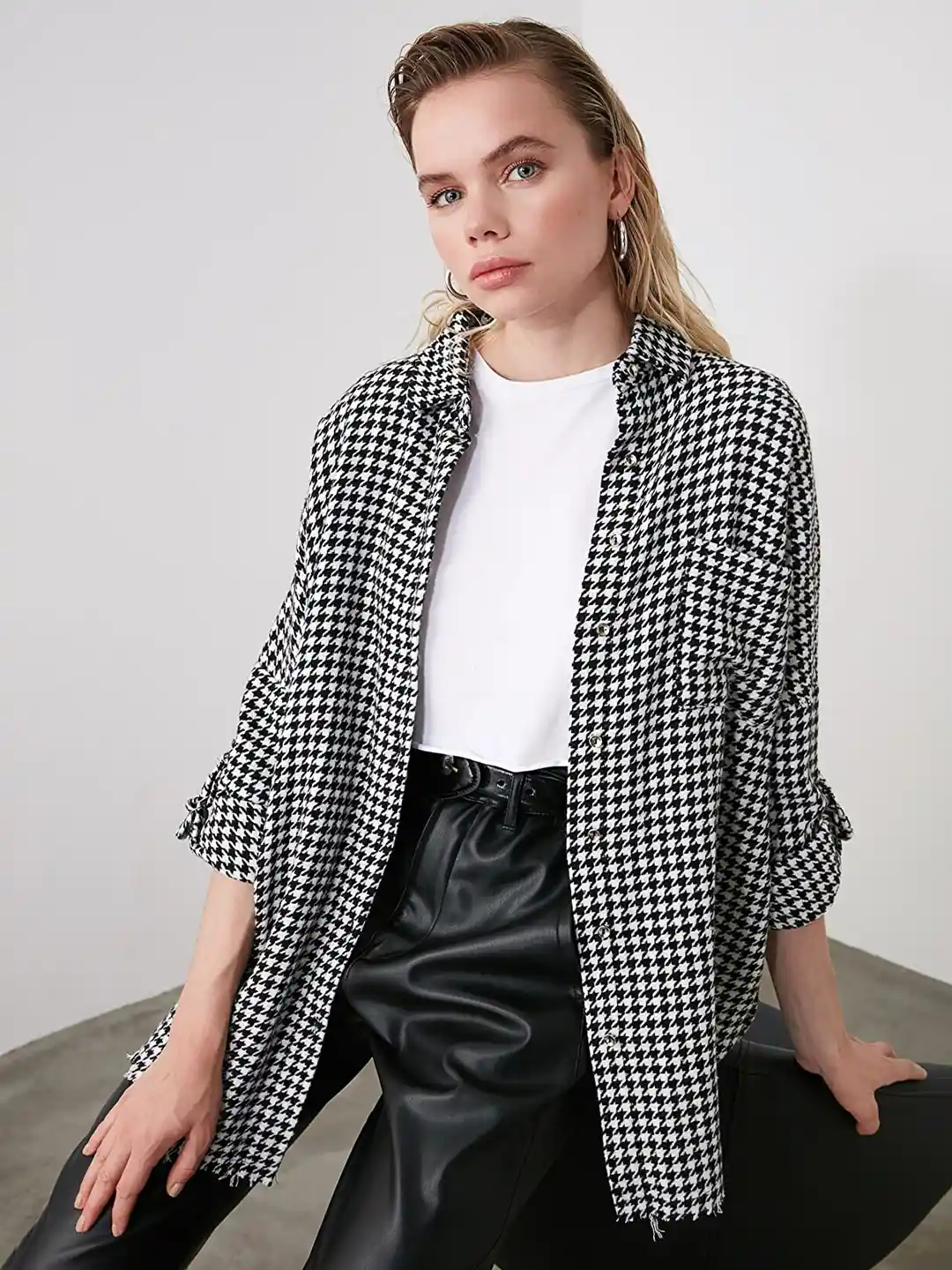 Buy Trendyol Women Black And White Gingham Check Long Sleeves