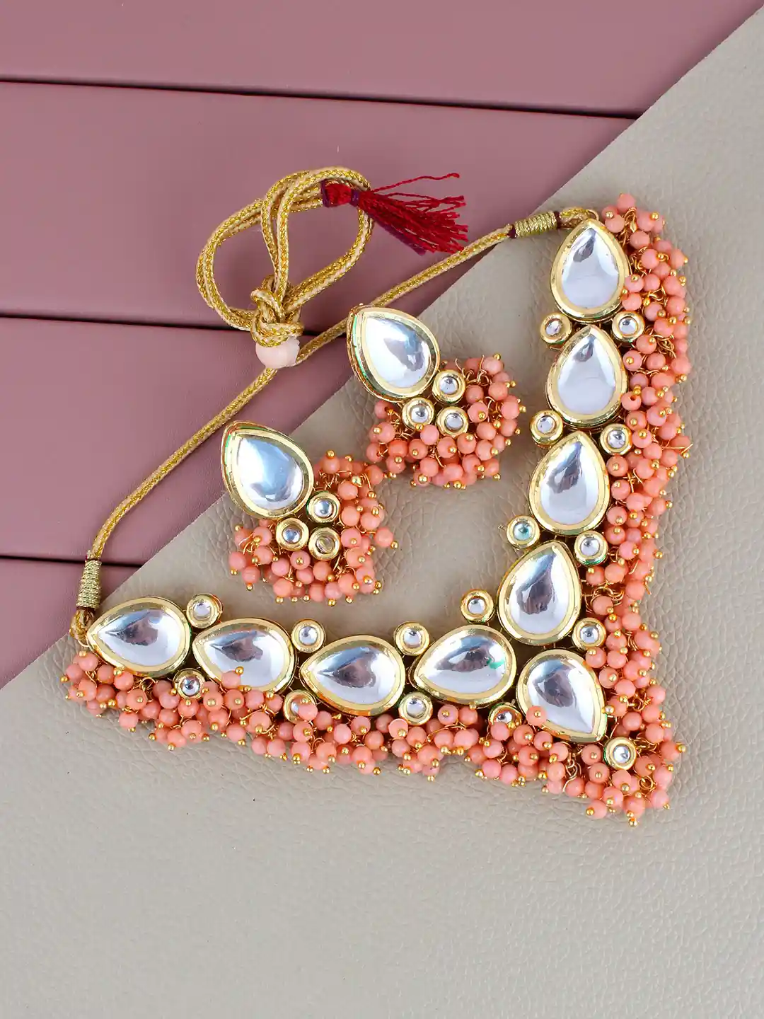 Buy LUCKY JEWELLERY Gold-Plated Peach-Coloured Kundan Stone