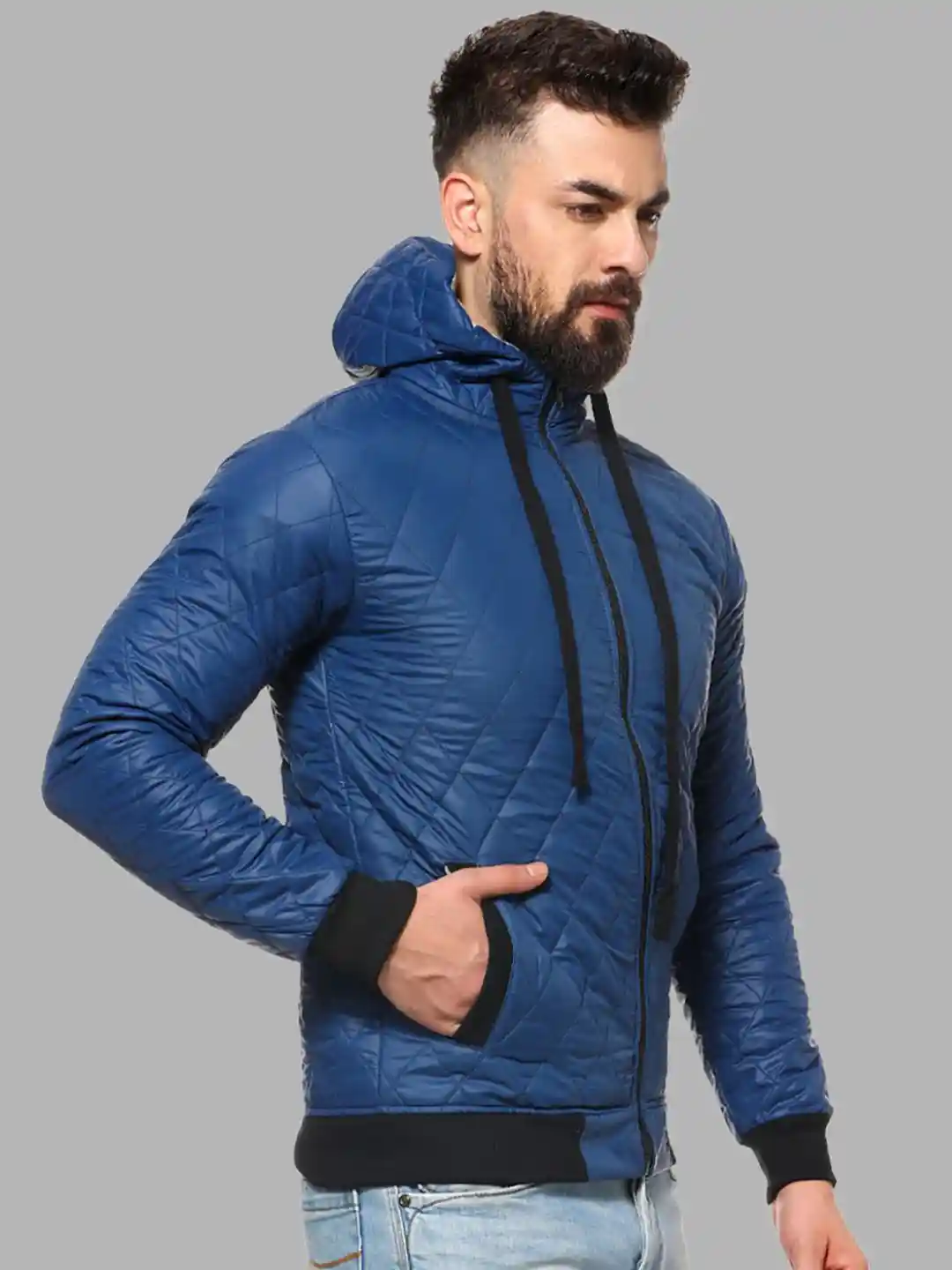 Campus Sutra Men Blue Black Striped Windcheater Outdoor Puffer Jacket