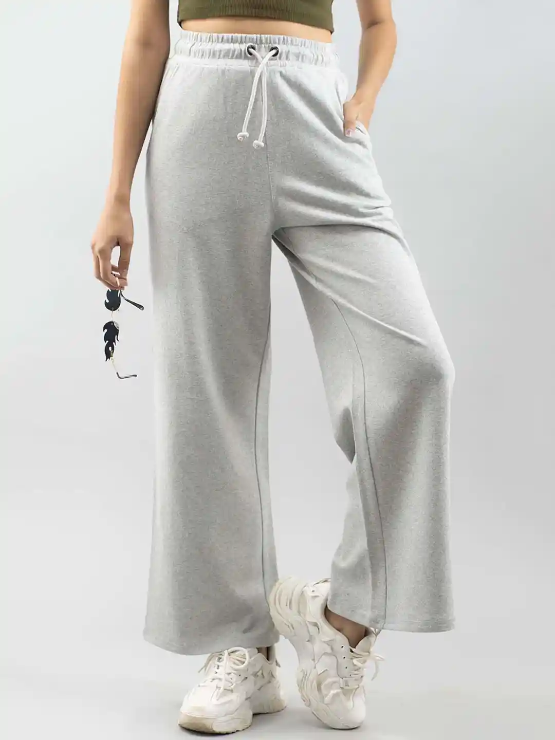 Buy IMPERATIVE Women Grey Relaxed Flared High-Rise Trousers