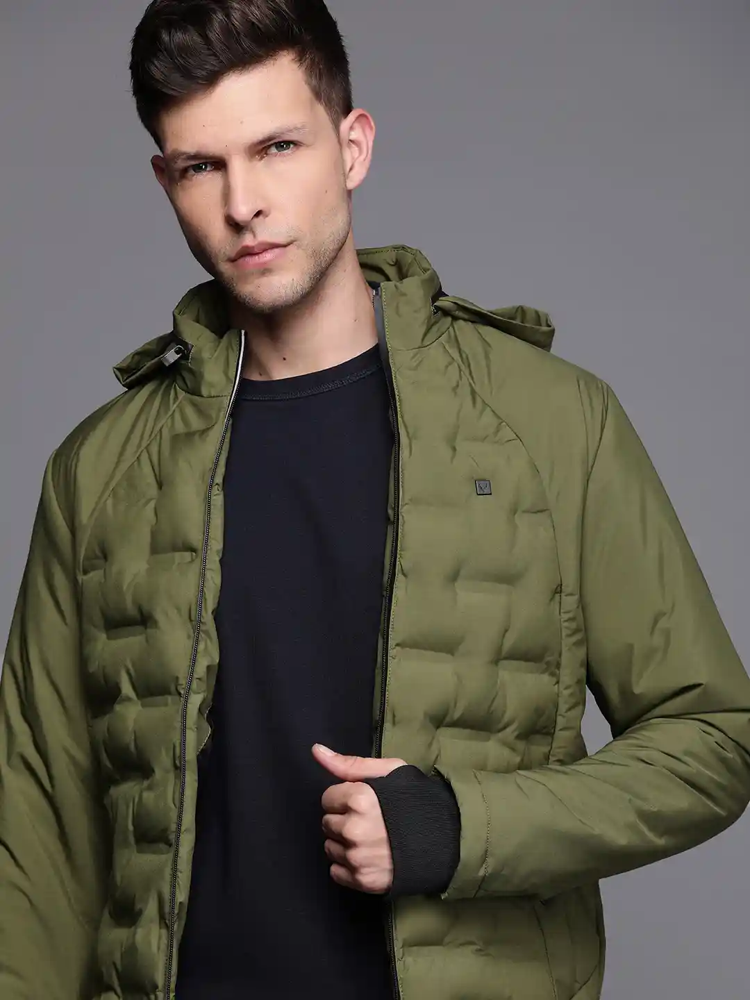 Buy Allen Solly Men Olive Green Solid Hooded Padded Jacket