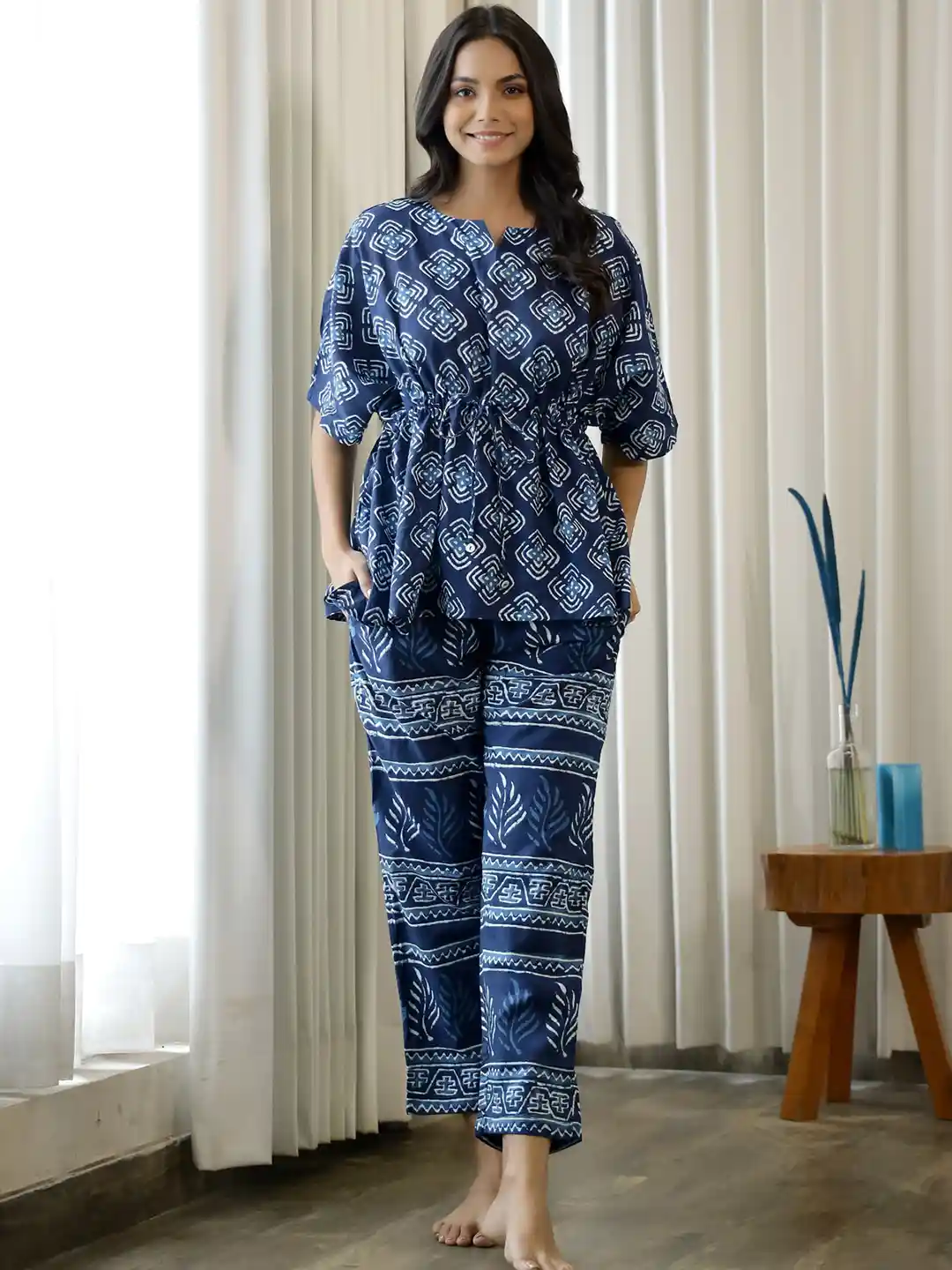 Navy Blue Personalised Cotton Pjs SANSKRUTIHOMES Women Navy Blue