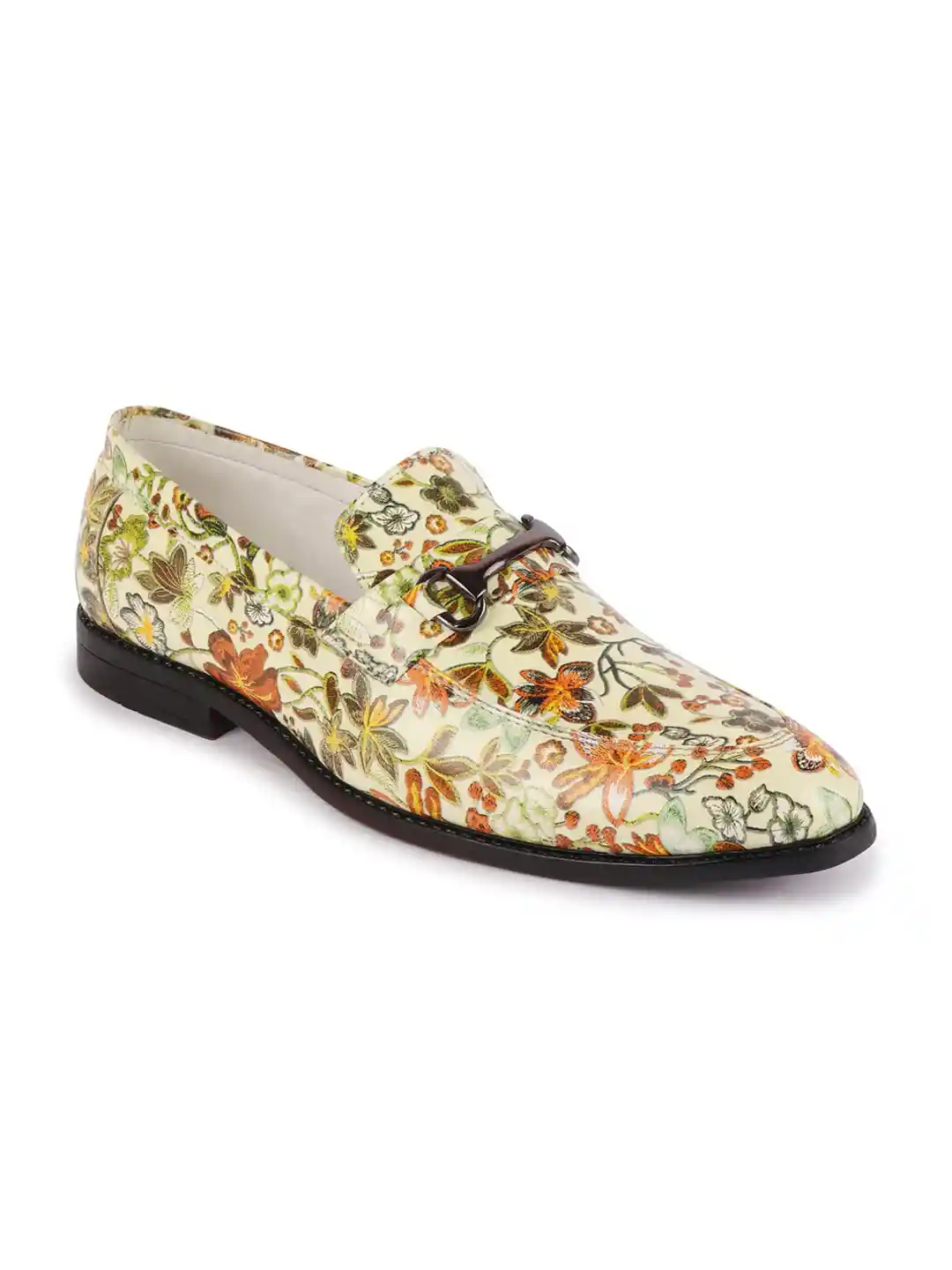 FAUSTO Men Cream-Coloured Floral Printed Loafers