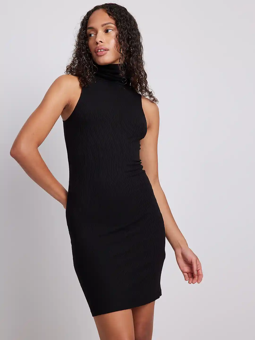 Buy NA-KD Black Solid High Neck Sleeveless Bodycon Mini Dress