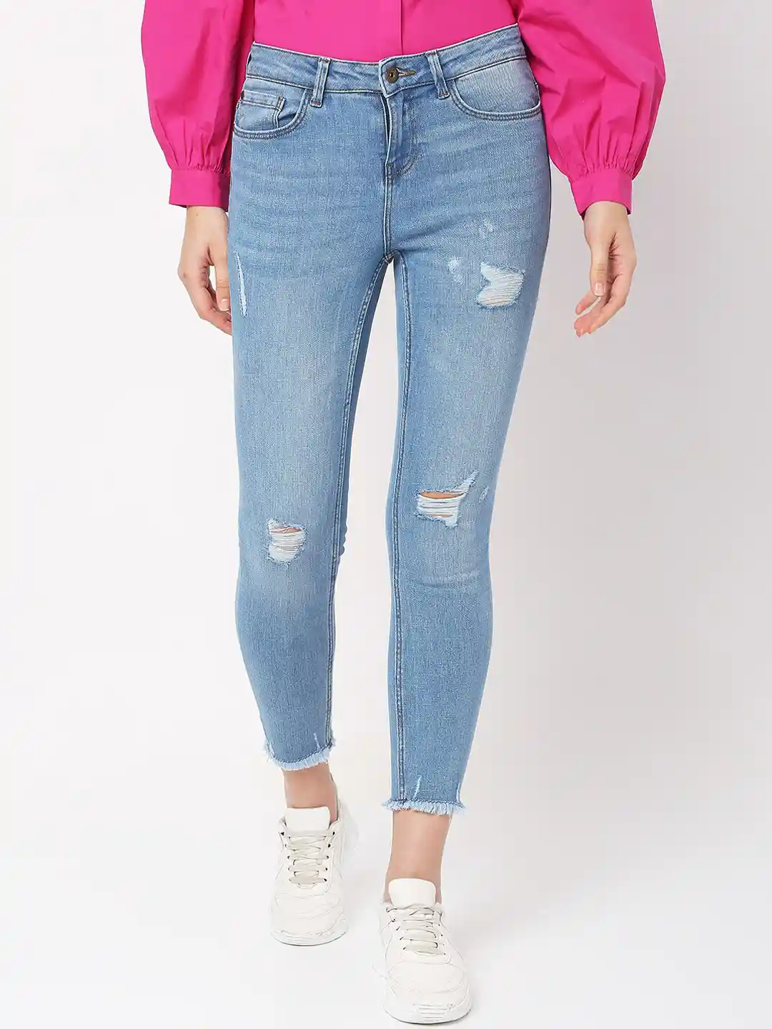 Buy Vero Moda Women Blue Solid Skinny Fit Cotton Mildly Distressed