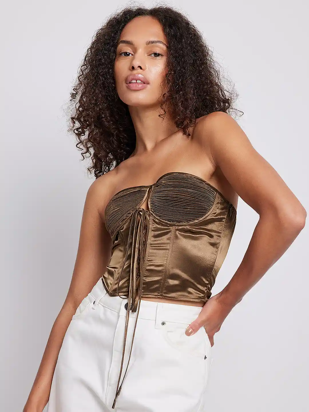 NA-KD Brown Satin Finish Lace Up Corset Top