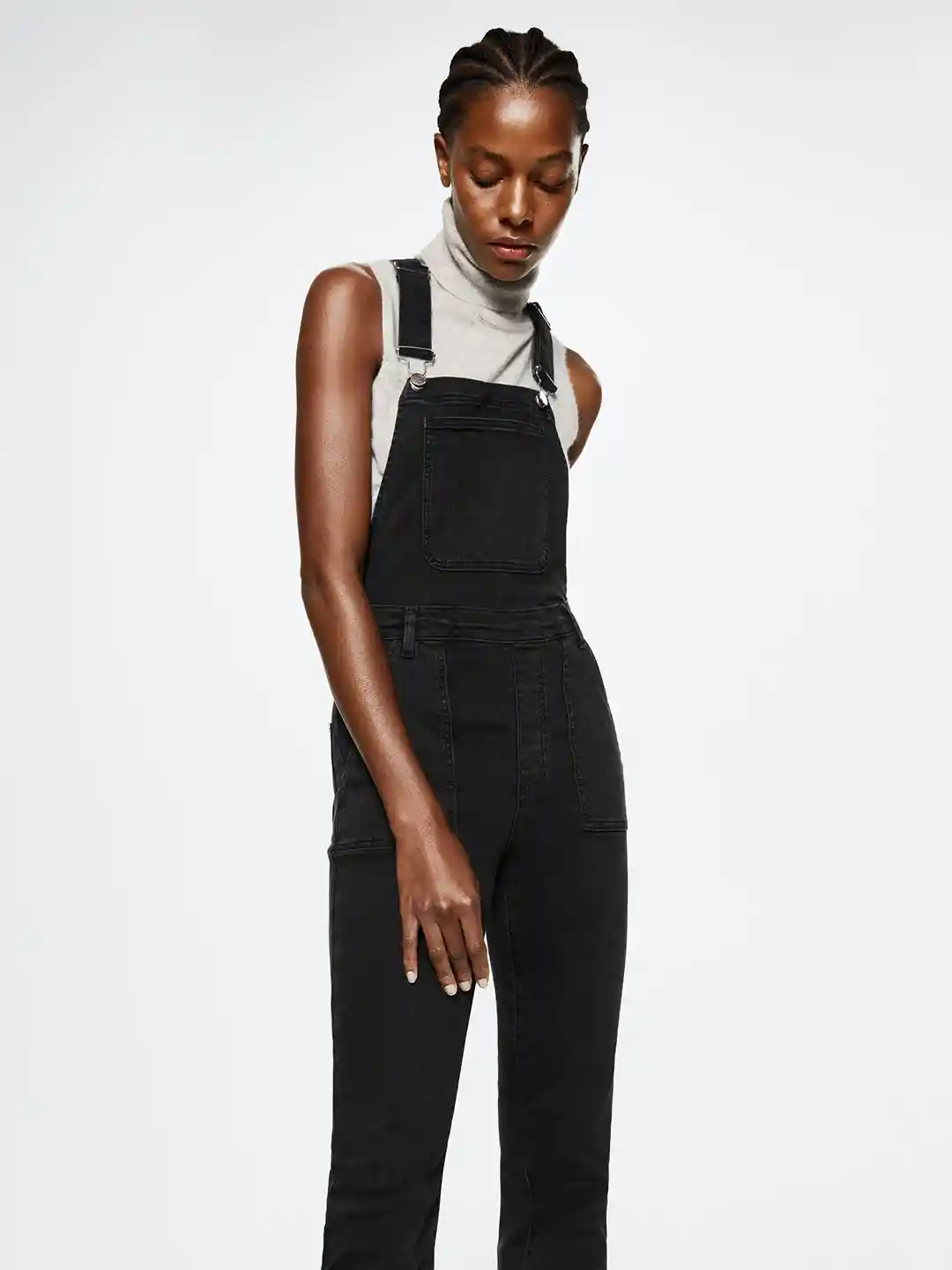 Buy MANGO Women Black Solid Long Denim Dungarees Dungarees for