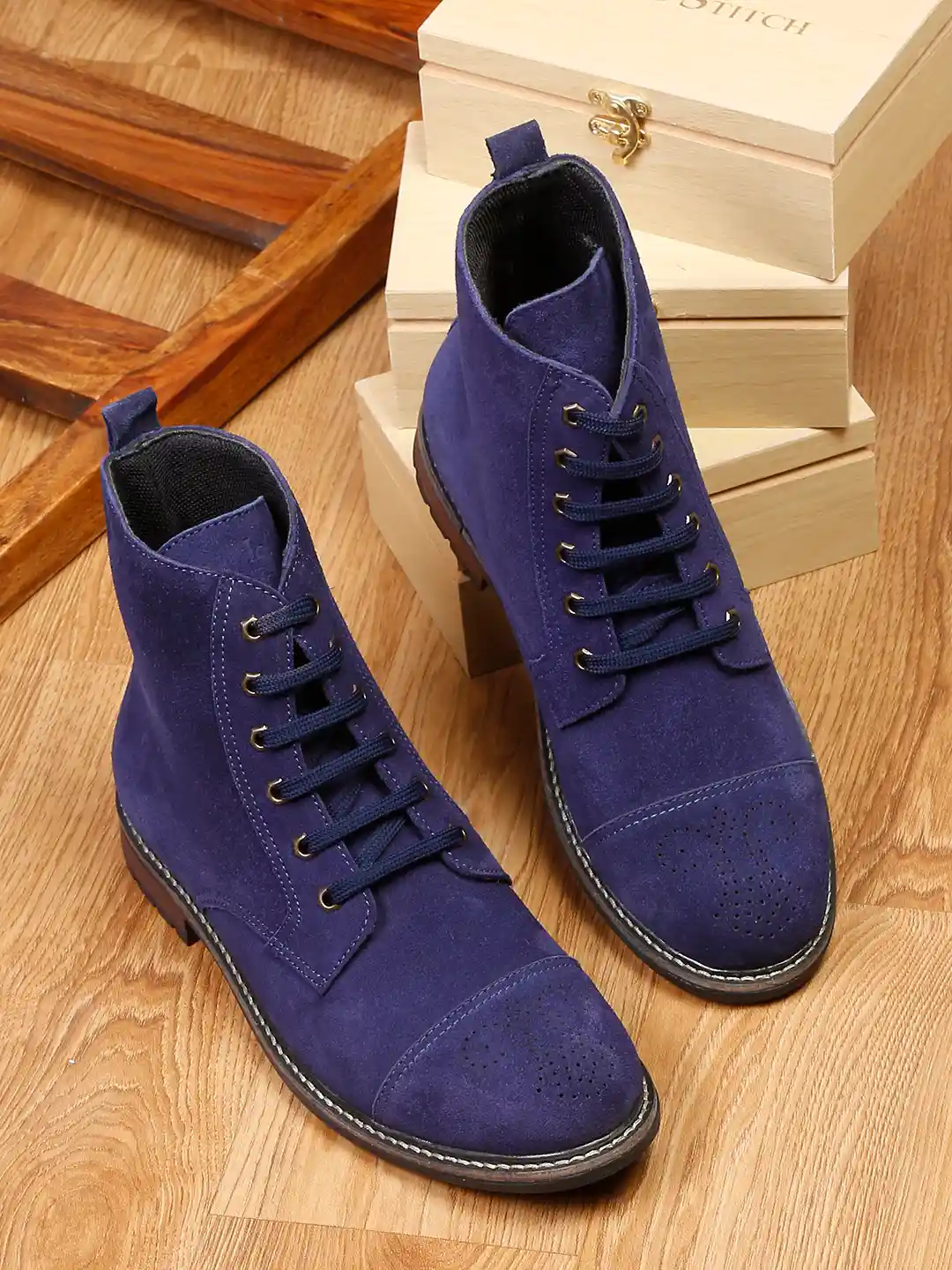LOUIS STITCH Men Blue Suede High-Top Sneakers