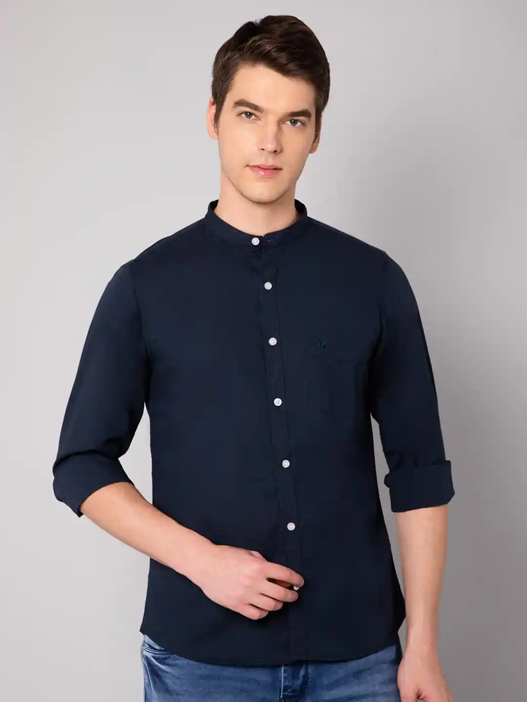 Buy Cantabil Men Navy Blue Band Collar Casual Shirt Shirts for