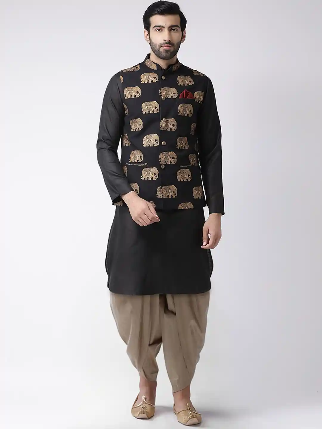 Punjabi Style Black Kurta Pajama With Printed Nehru Jacket