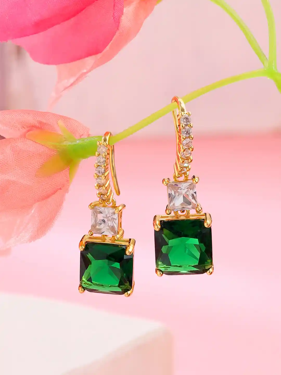 Yellow Chimes Green Crystals Studded Square Drop Earrings