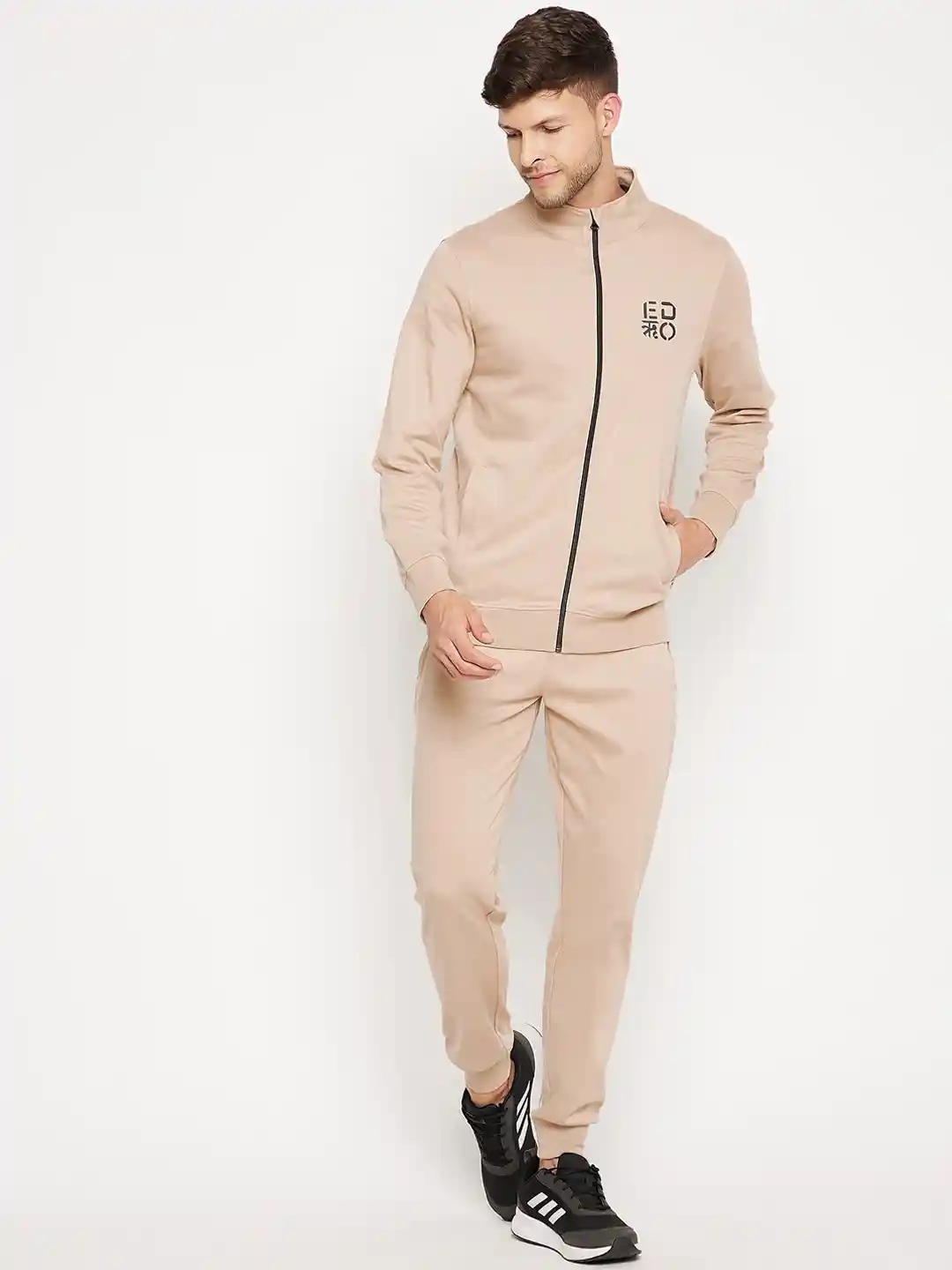 Buy EDRIO Men Cream-Coloured Mock Neck Zip Up Cotton Tracksuit