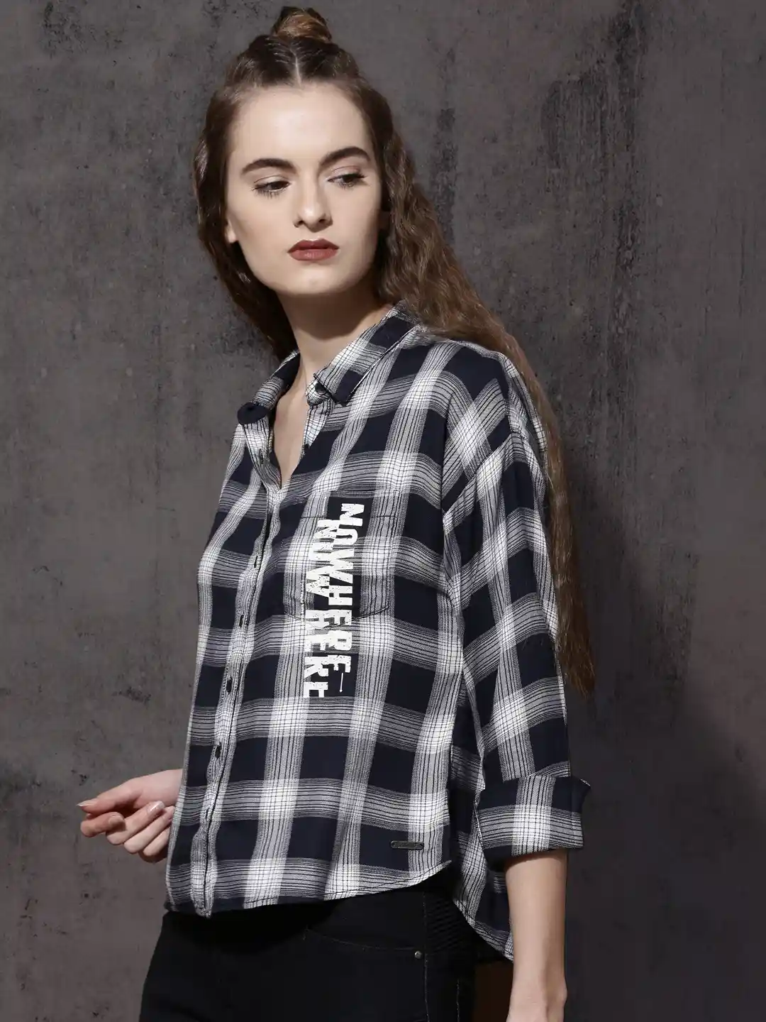 Buy Roadster Women Black White Relaxed Boxy Fit Checked Casual - Main Image