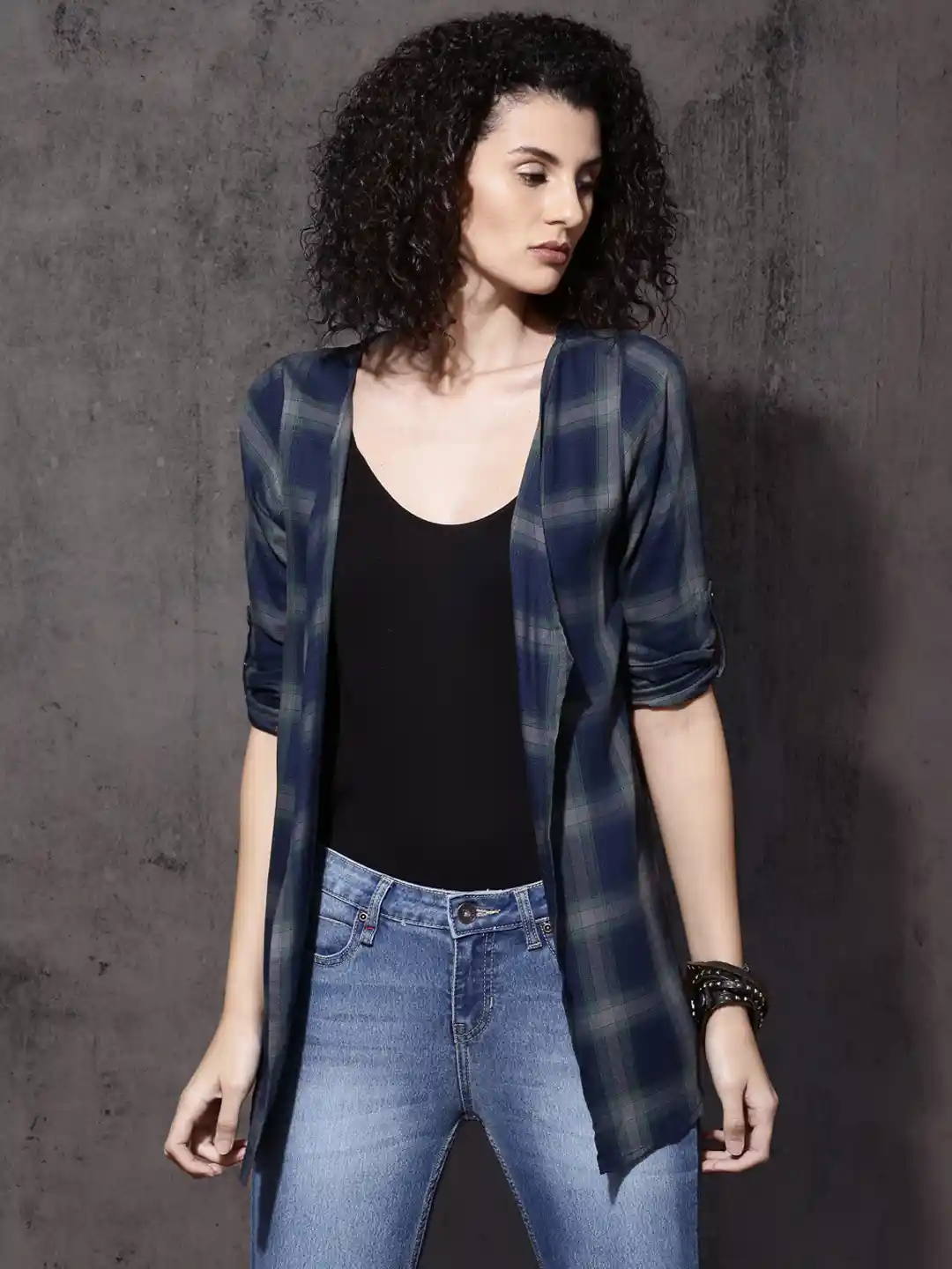 Roadster Green Navy Checked Front-Open Shrug
