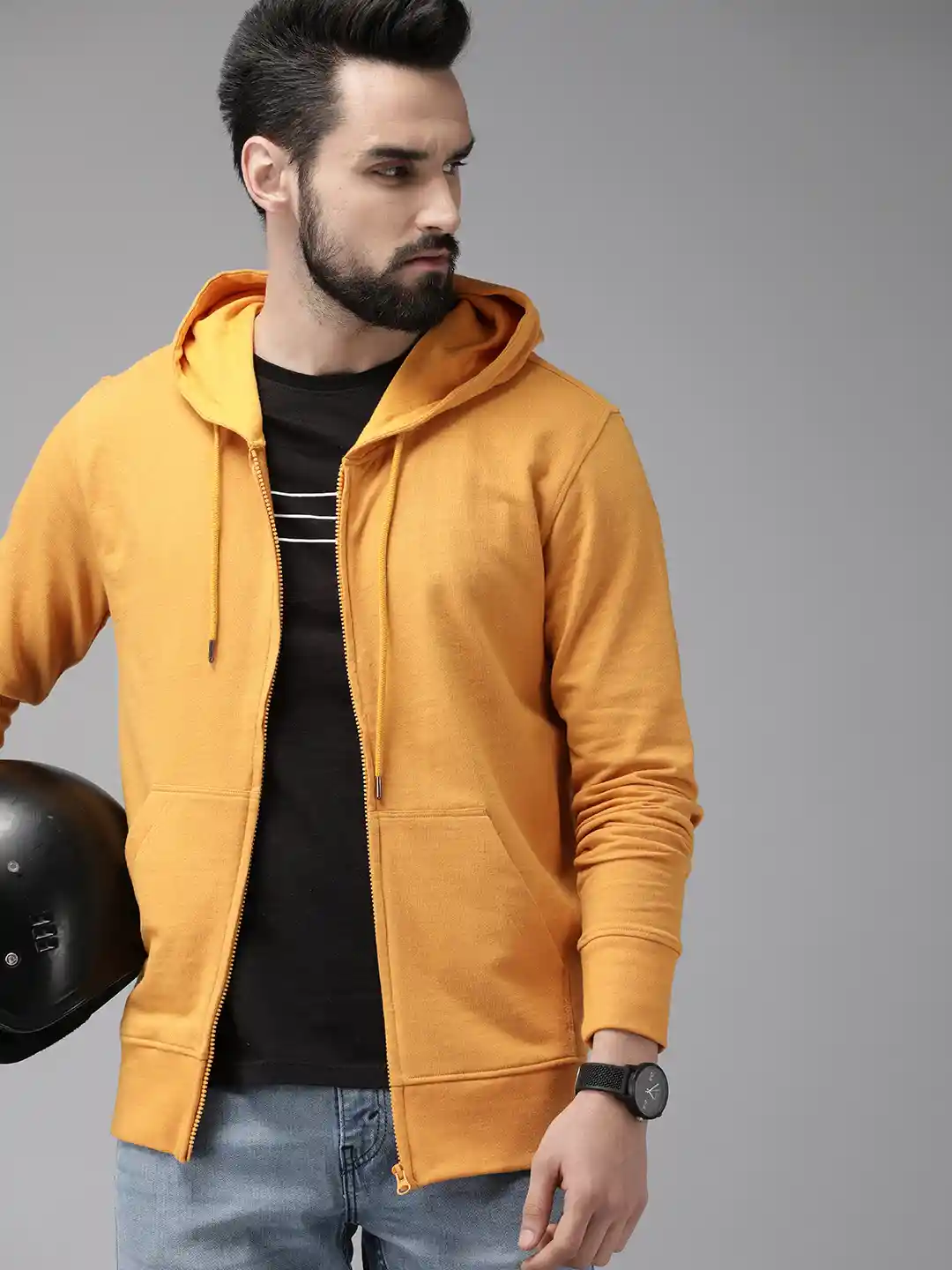 Roadster Men Yellow Solid Hooded Sweatshirt