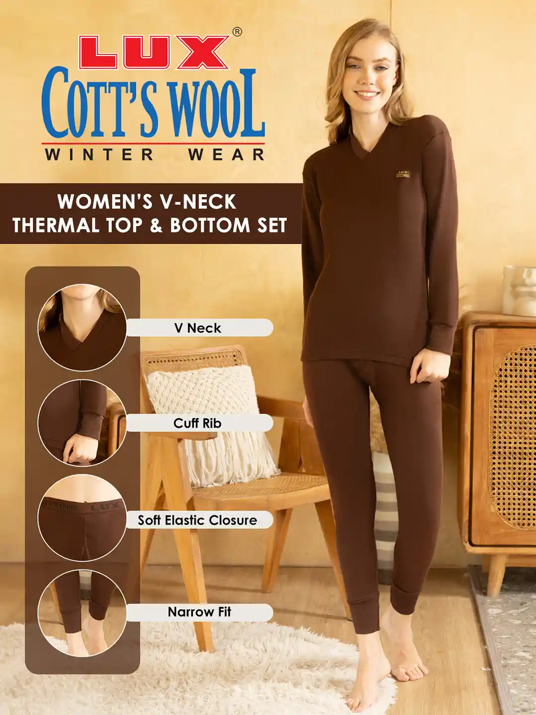 Buy Lux Cottswool Women Brown Solid Thermal Set Thermal Set for
