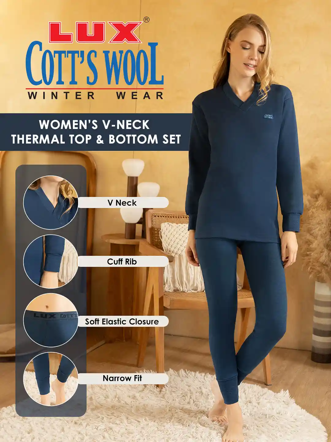 Buy Lux Cottswool Women Blue Woolen Thermal Set Thermal Set for
