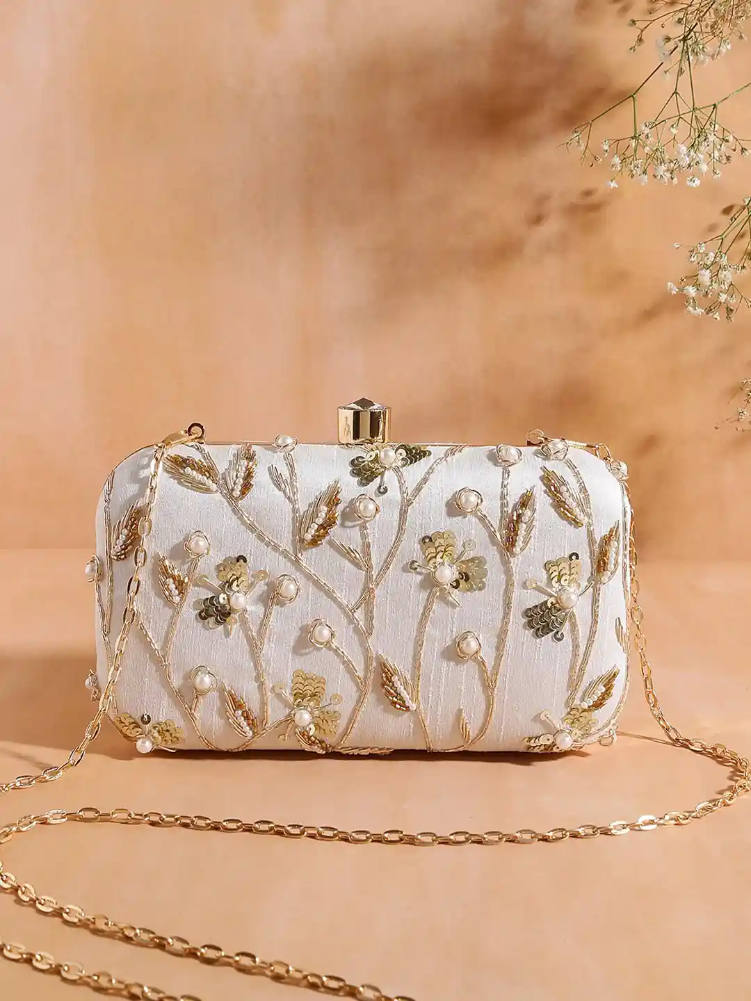 Buy Swisni White Gold-Toned Embellished Embellished Box Clutch