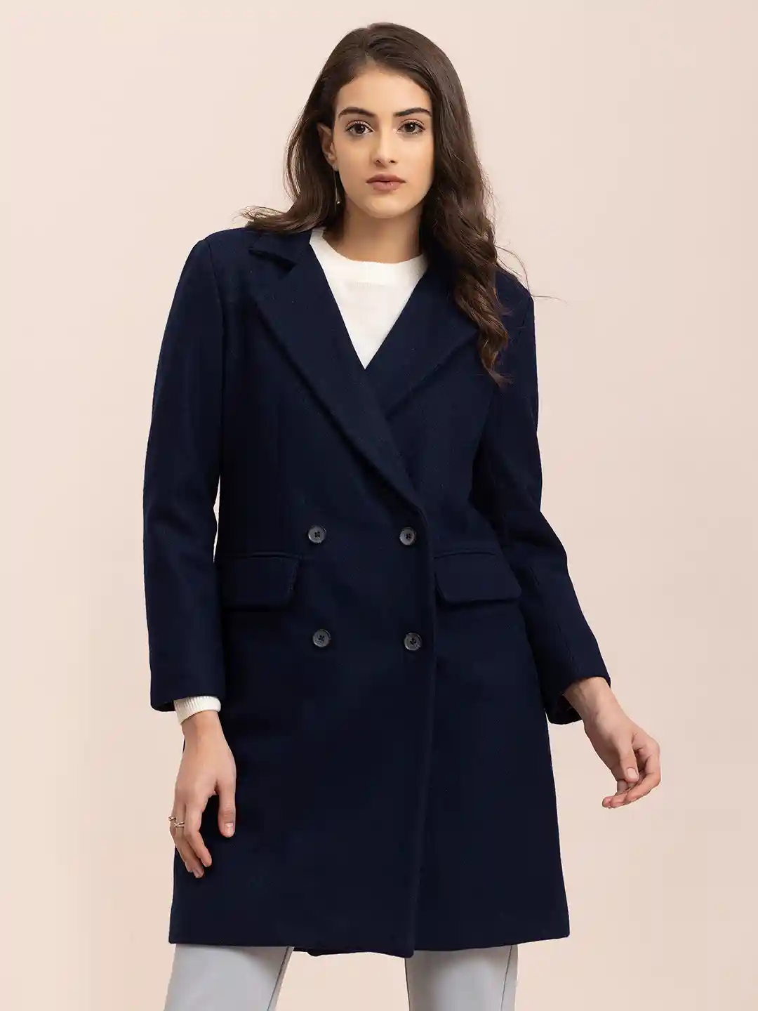 Buy FableStreet Women Navy Blue Solid Winter Coat Coats for