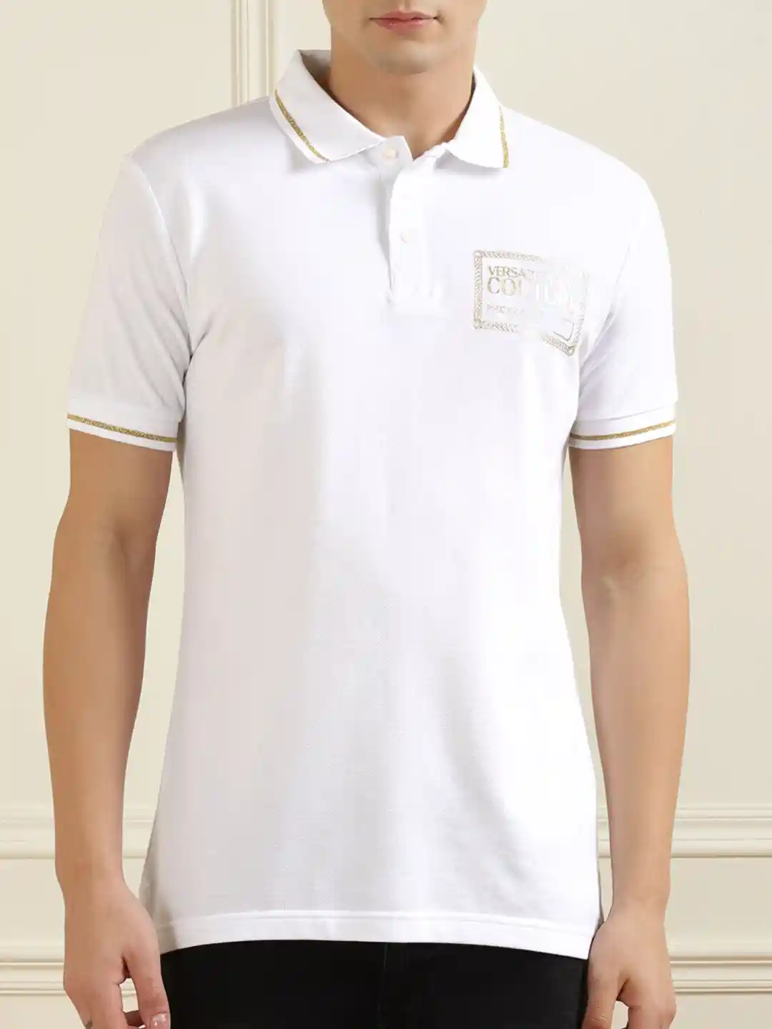 Versace Jeans Couture Men White Polo Collar Pure Cotton T-shirt