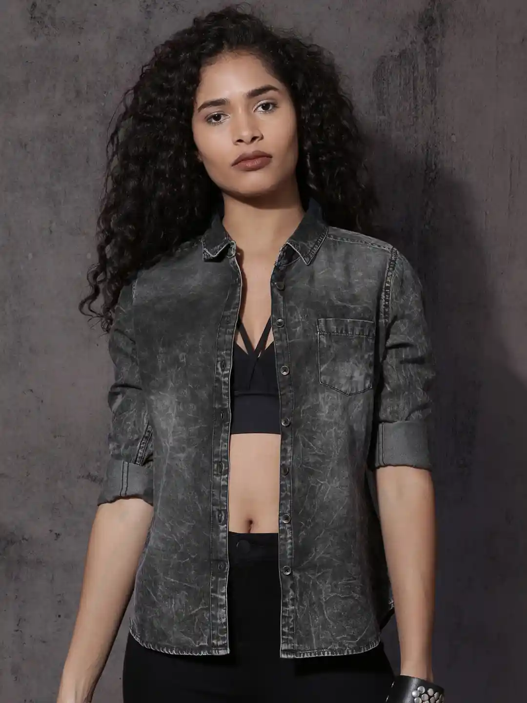 Buy Roadster Women Charcoal Grey Regular Fit Faded Denim Shirt