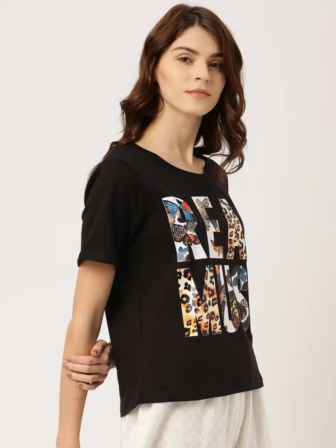Buy Ms.Taken by Kriti Sanon Women Black Printed Round Neck T-shirt