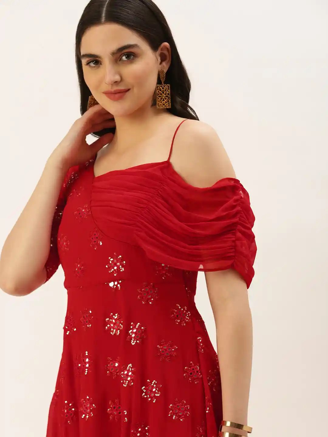Buy Ethnovog Ready To Wear Red Georgette Embroidered One Shoulder