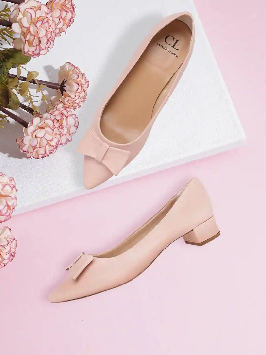 Buy Carlton London Women Pink Solid Block Heel Pumps with Bow
