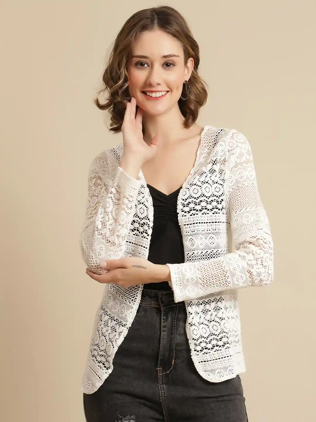 UnaOne Women Off White Cotton Shrug