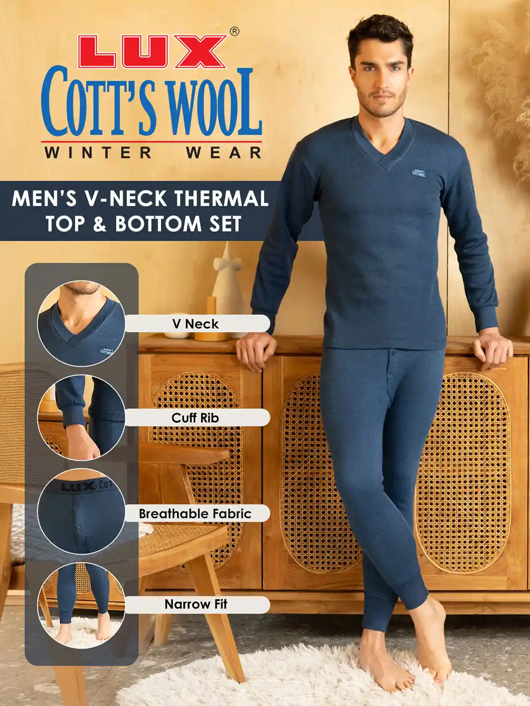 Buy Lux Cottswool Men Plus Size Blue Solid Cotton Thermal Set
