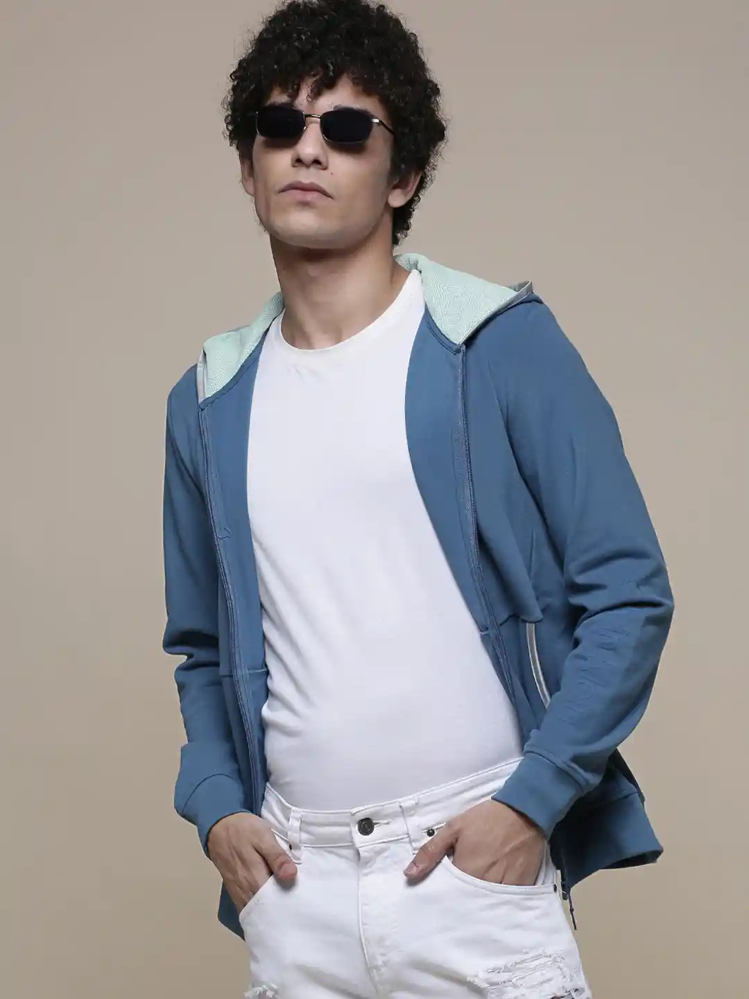 Calvin Klein Jeans Men Blue Front-Open Solid Hooded Sweatshirt