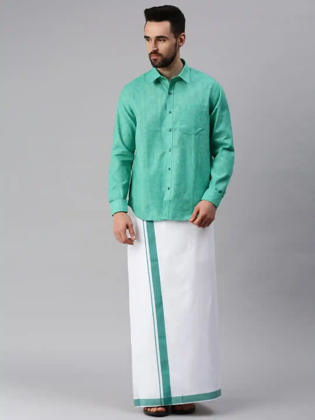 Buy Ramraj Men Green Pure Cotton Solid Full Sleeve Shirt and Dhoti