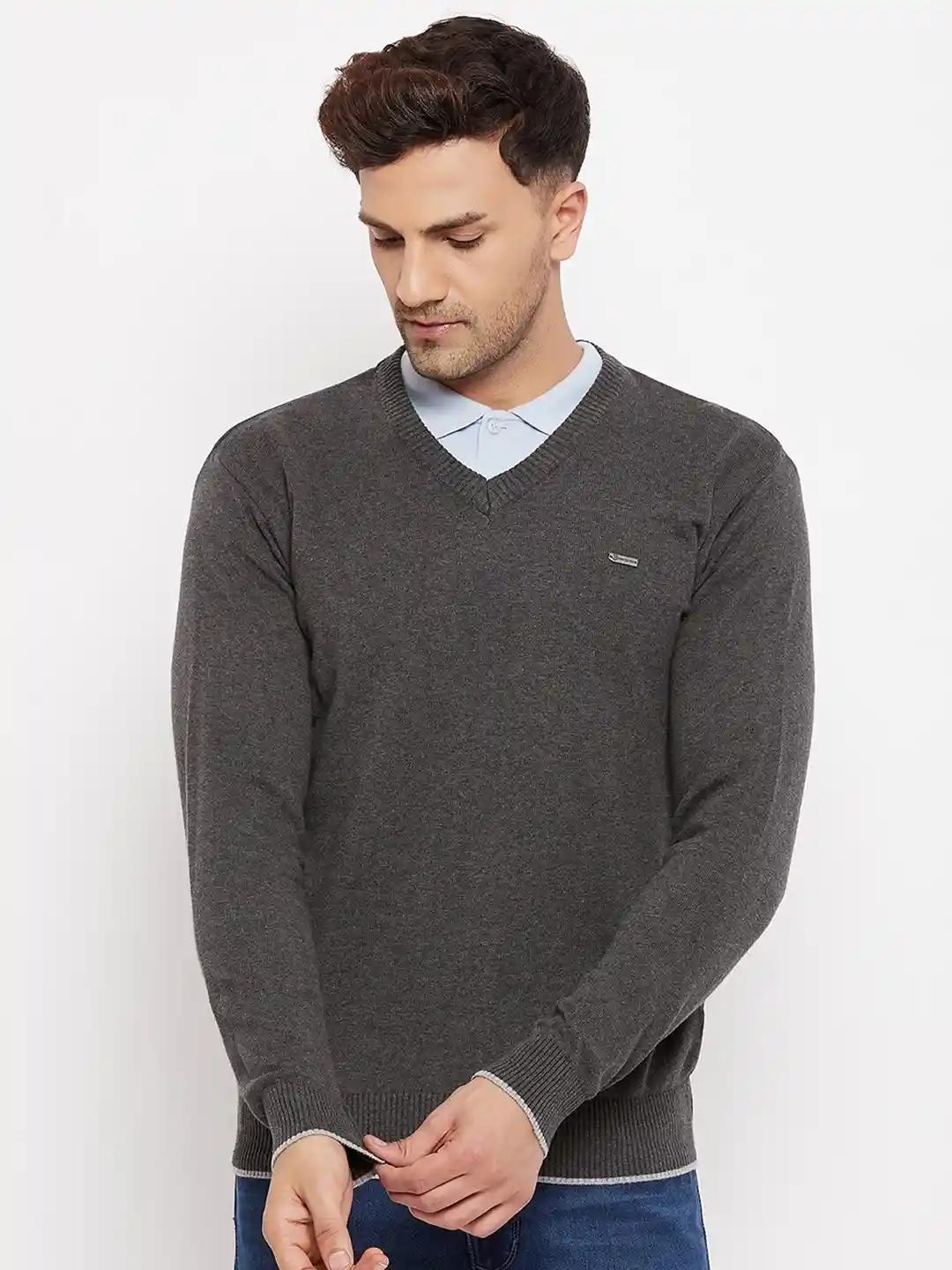 Duke Men Grey Solid Long Sleeves Pullover