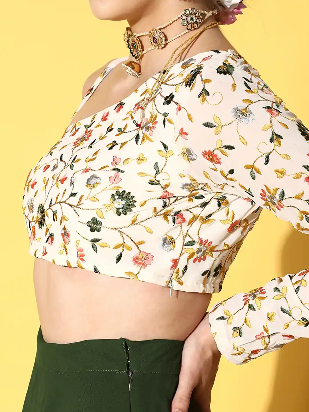 Buy Inddus Women Off White Green Embroidered One Shoulder Top