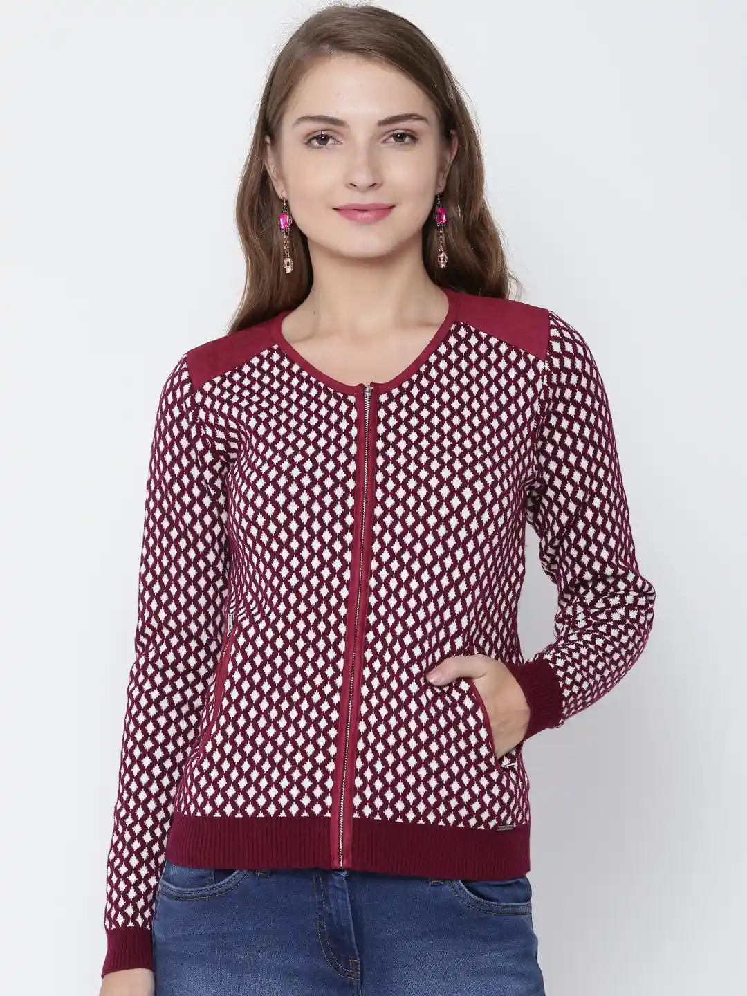 Buy Madame Women Burgundy White Self-Design Cardigan Sweaters