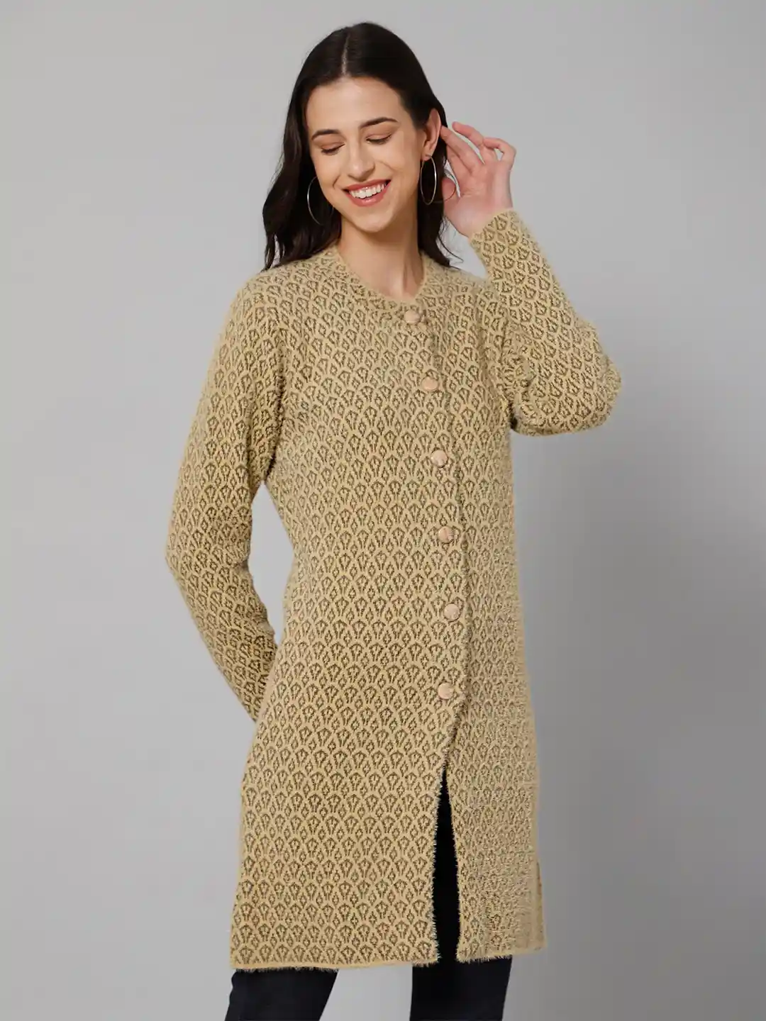 Buy Cantabil Women Khaki Cable Knit Longline Cardigan Sweaters