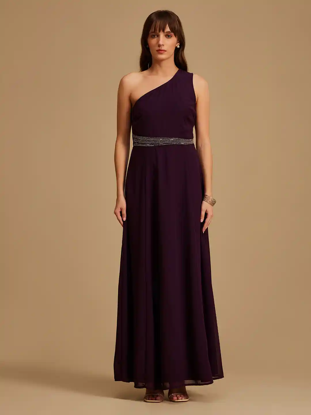 Buy Kazo Women Purple One Shoulder Georgette A-Line Maxi Dress