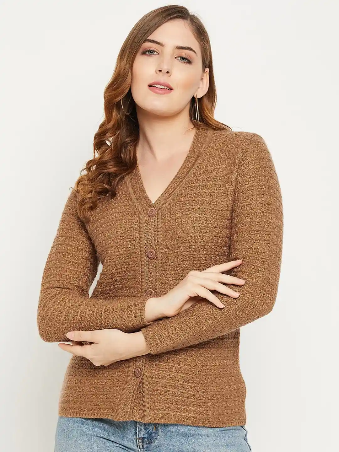 Buy Zigo Women Camel Brown Self Design Cable Knit Wool Cardigan