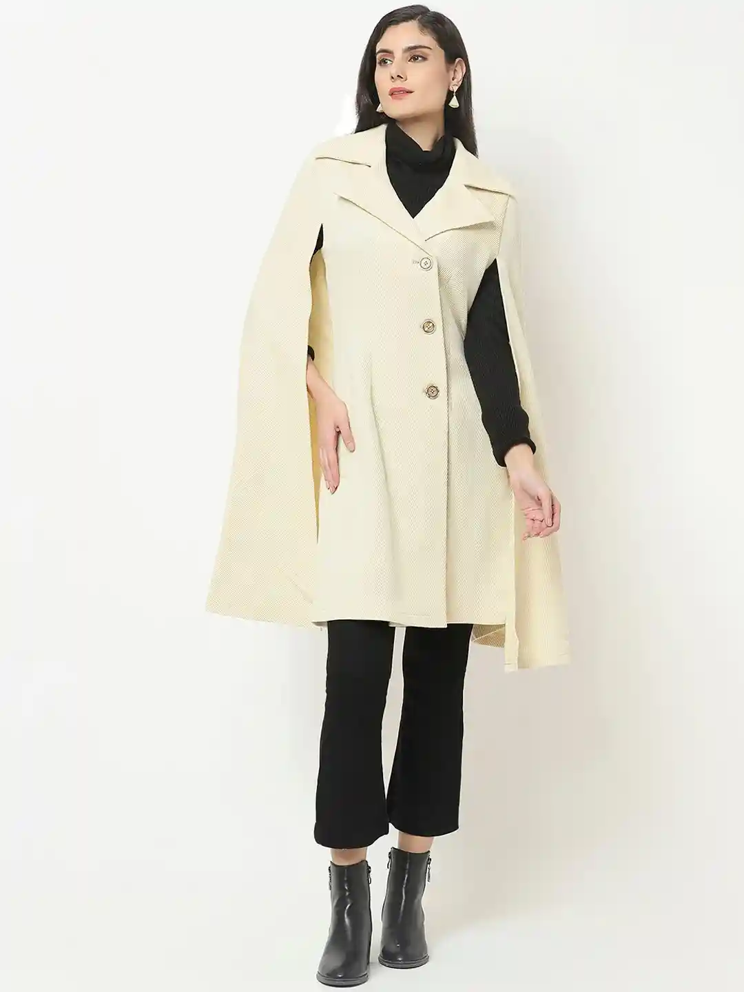 Buy Owncraft Women Cream Colored Solid Woolen Cape Coat - Coats