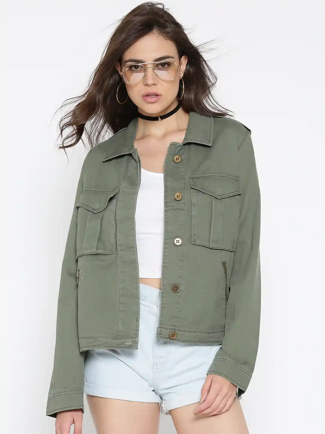 Buy FOREVER 21 Women Olive Green Solid Denim Jacket Jackets for
