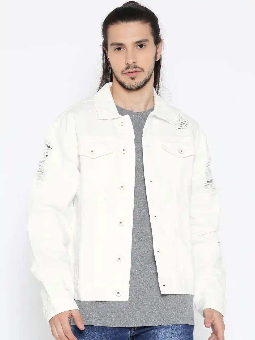 Buy FOREVER 21 Men White Distressed Denim Jacket Jackets for Men